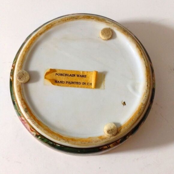 Vintage Chinese Hand-Painted Cloisonne Porcelain Trinket Dish with Lid - Picture 5 of 8